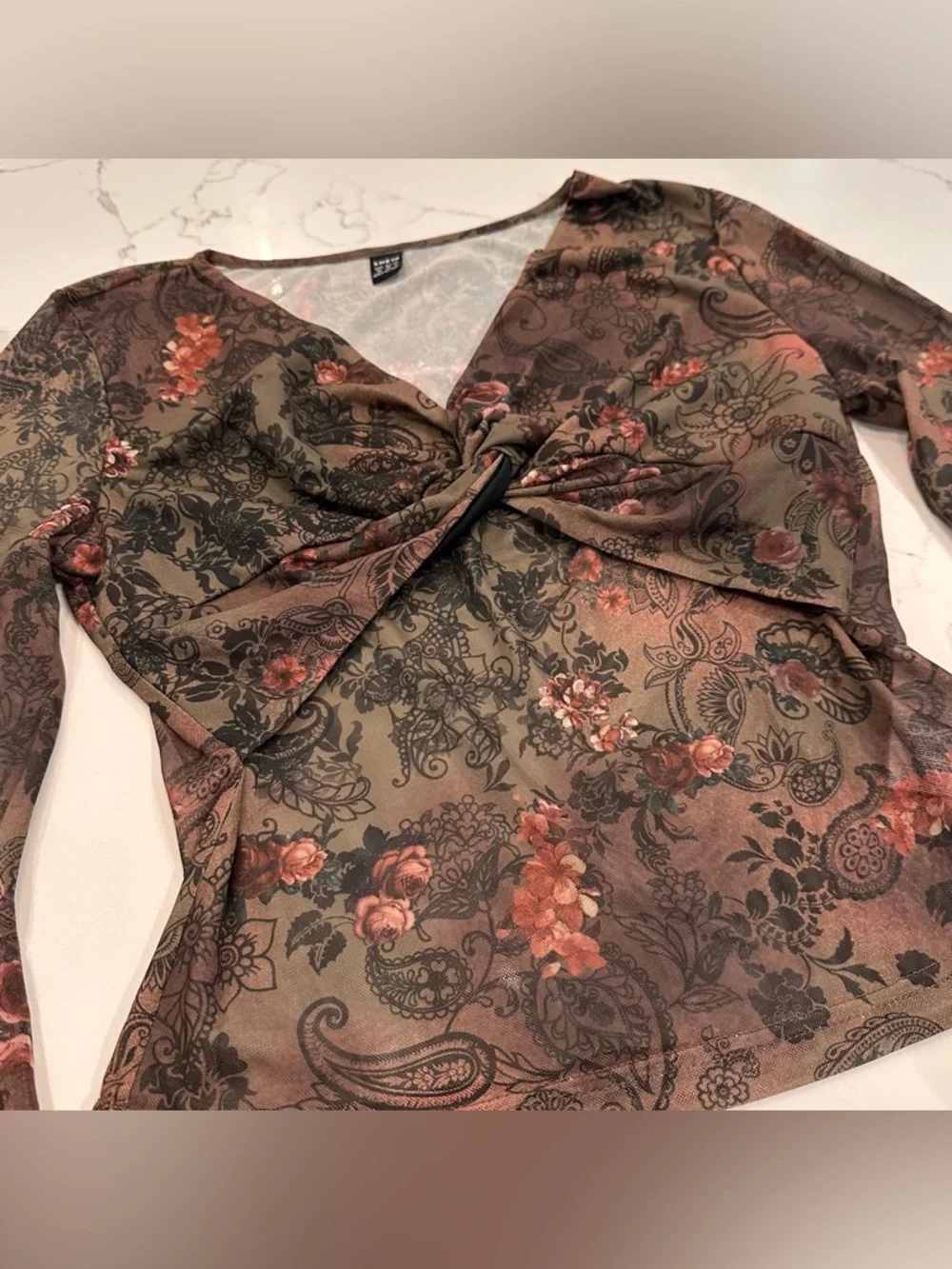 Shein Floral Paisley Y2K Sheer Mesh Top M Bell Sleeves Flare Forest Fairy Goblin - Picture 3 of 10